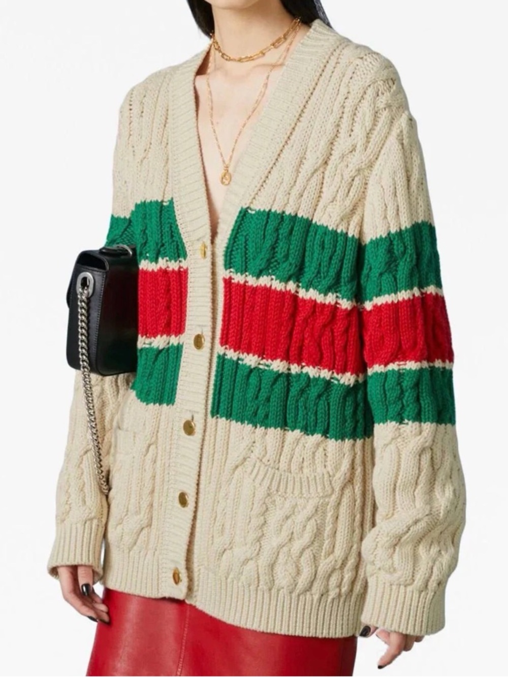 Gucci Cream Cable-Knit Cardigan with Green & Red Stripes